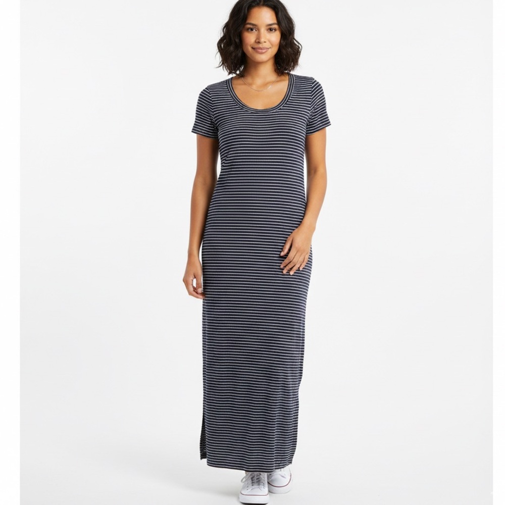 Striped Short-Sleeve Maxi Dress in Navy and White
